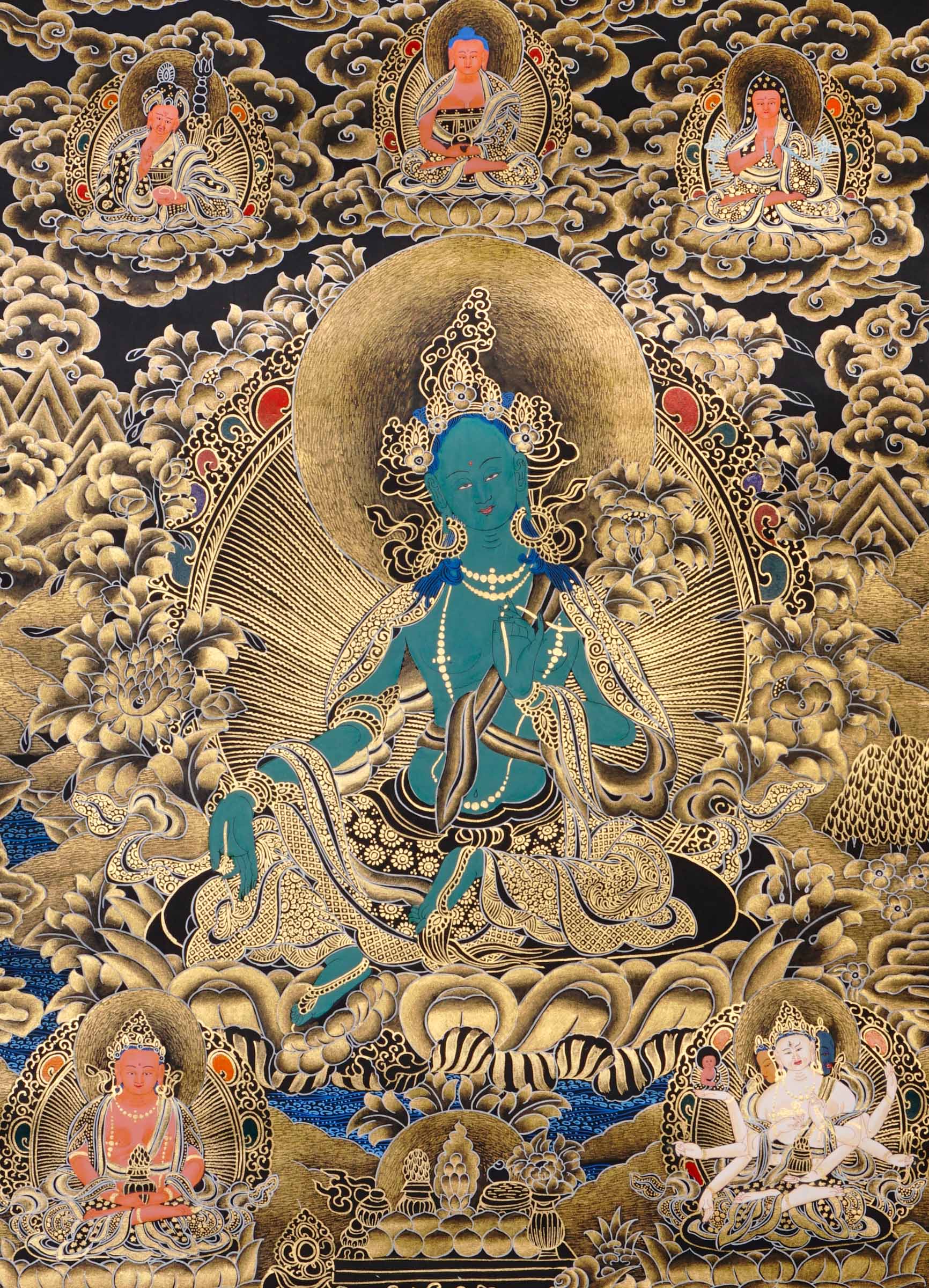 green tara thangka with lotus throne and gold detailing