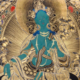 green tara thangka with lotus throne and gold detailing