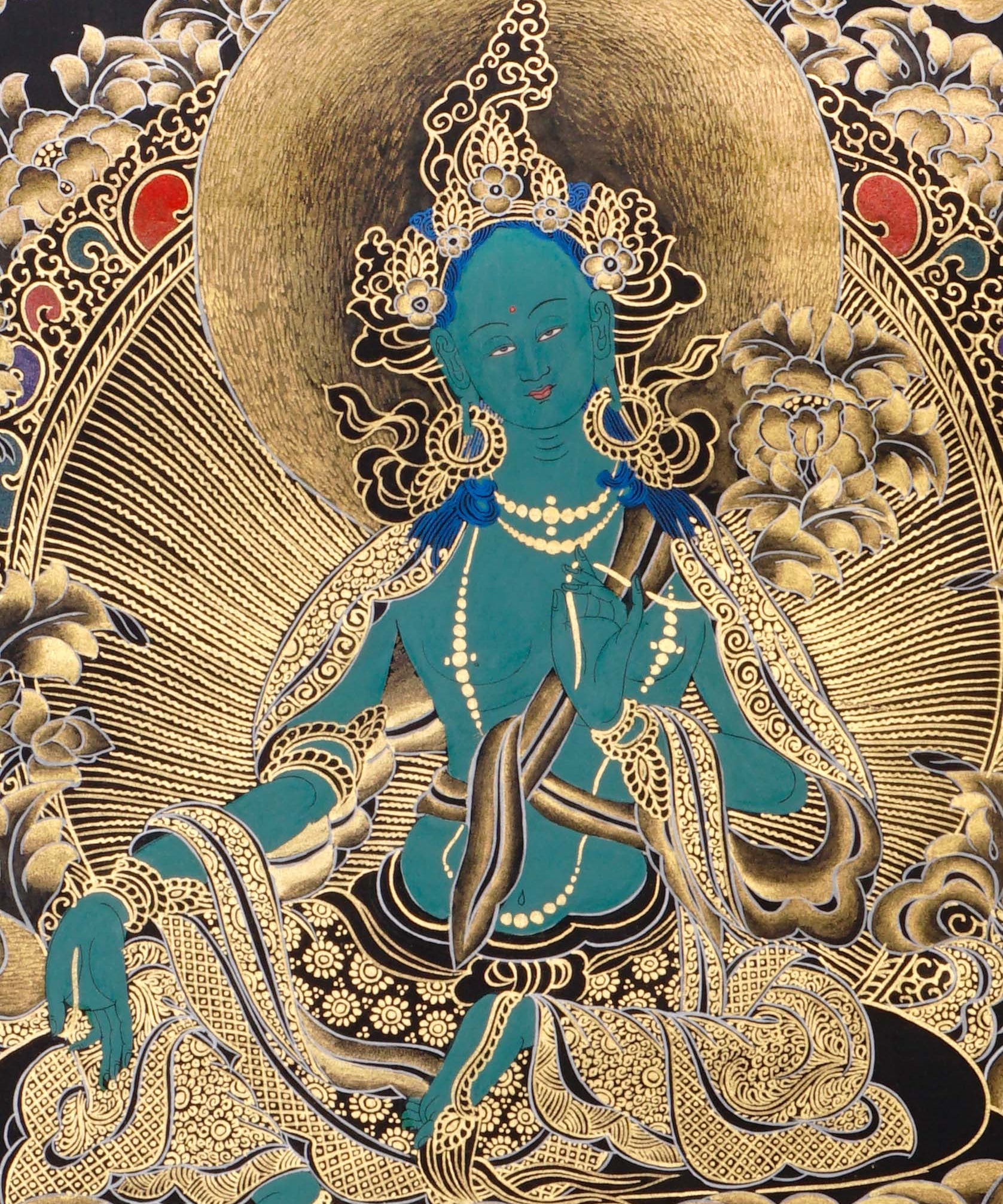 green tara thangka with lotus throne and gold detailing