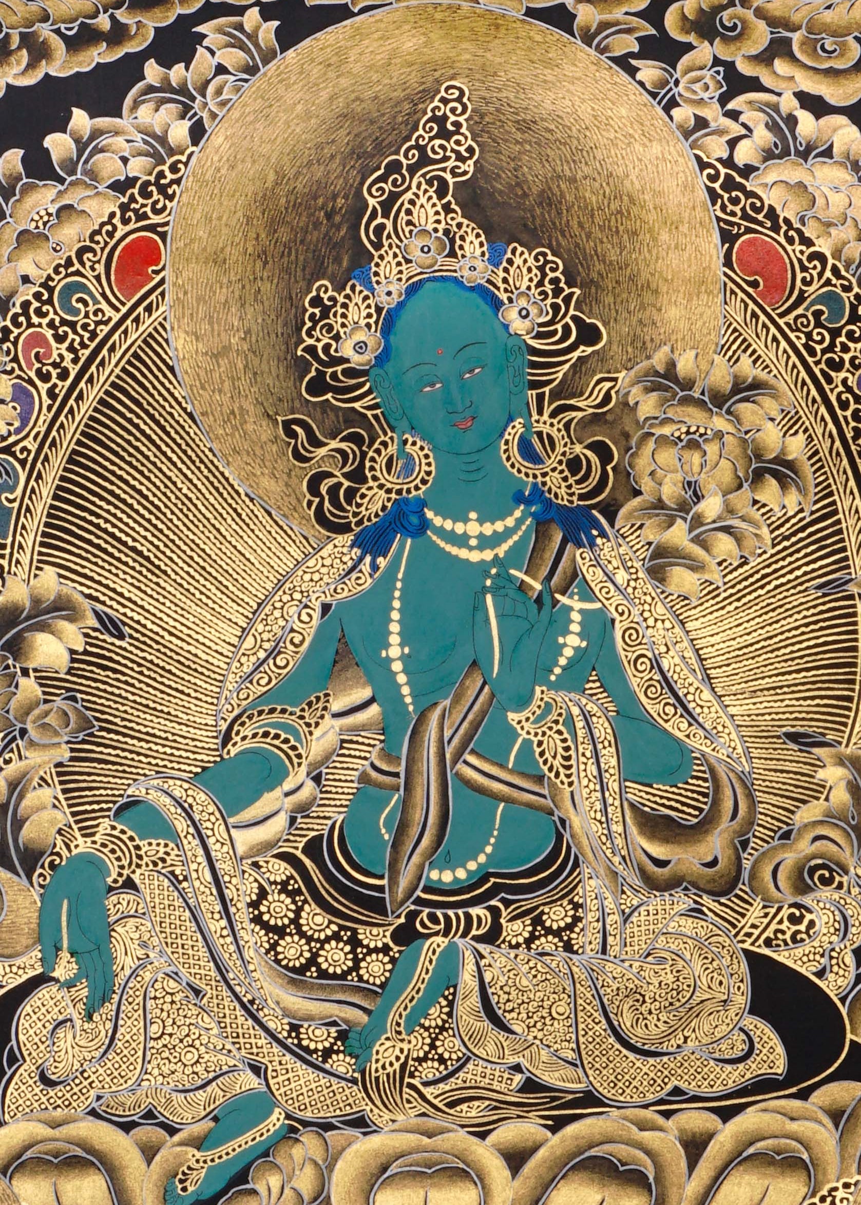 green tara thangka with lotus throne and gold detailing