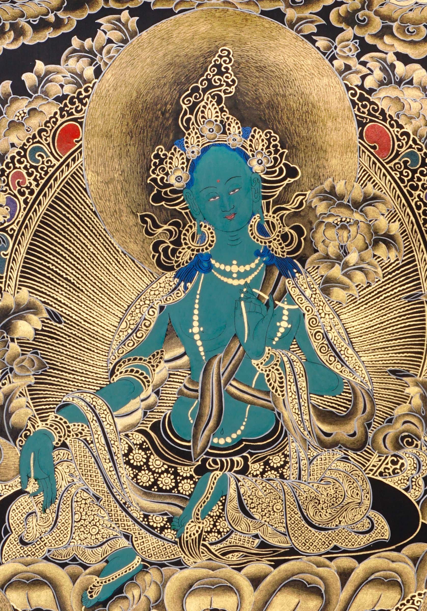 green tara thangka with lotus throne and gold detailing
