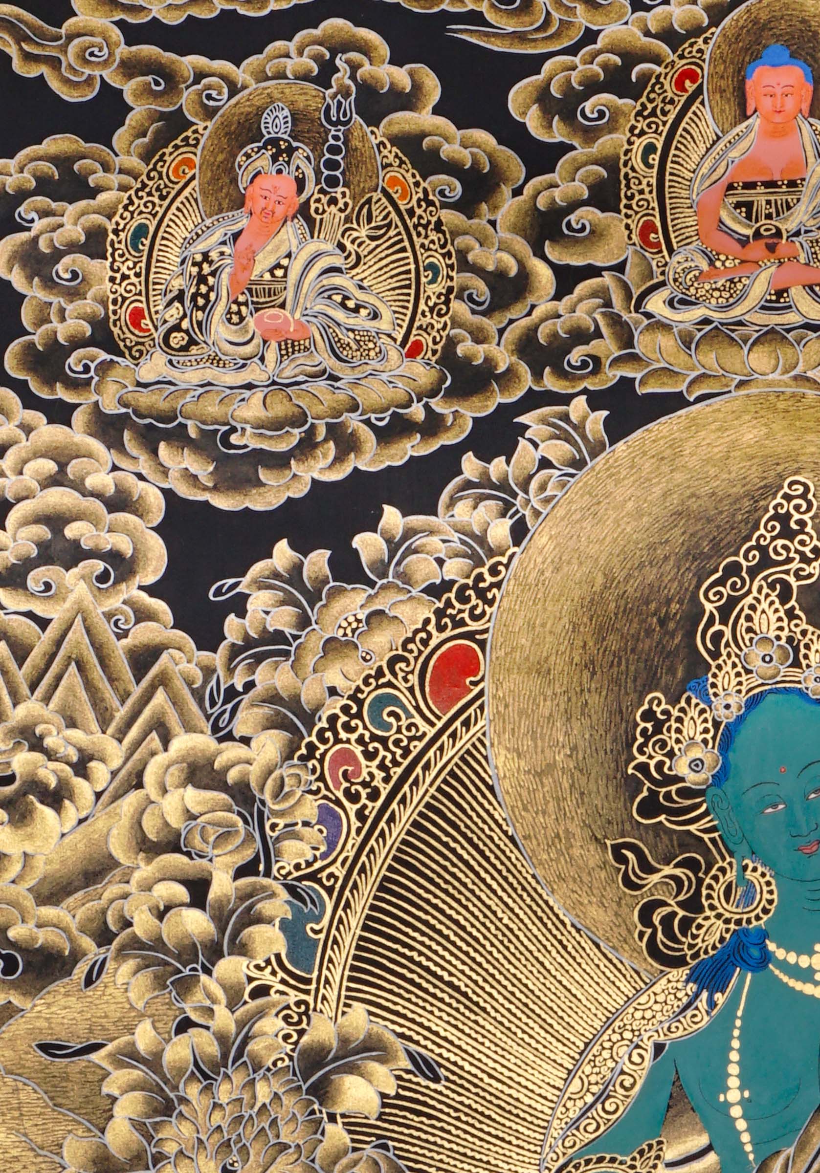 green tara thangka with lotus throne and gold detailing