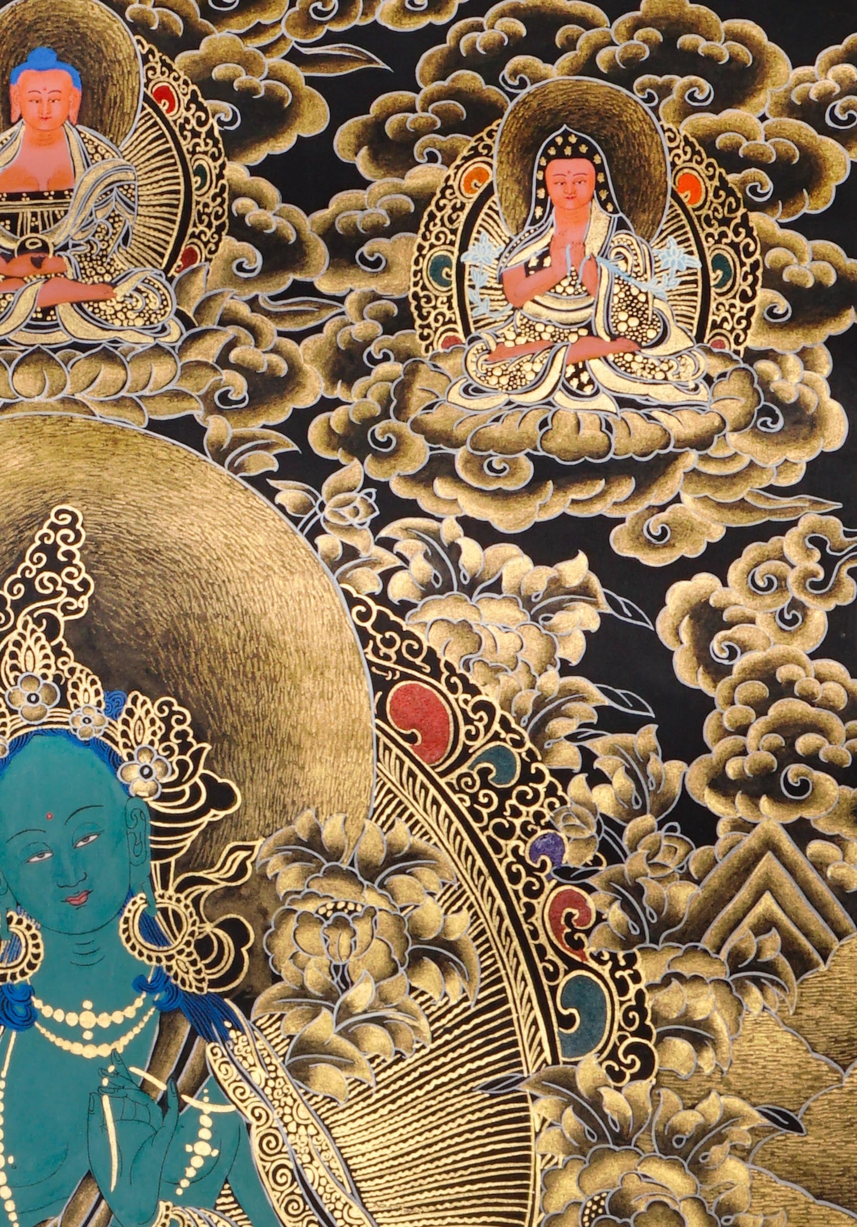 green tara thangka with lotus throne and gold detailing
