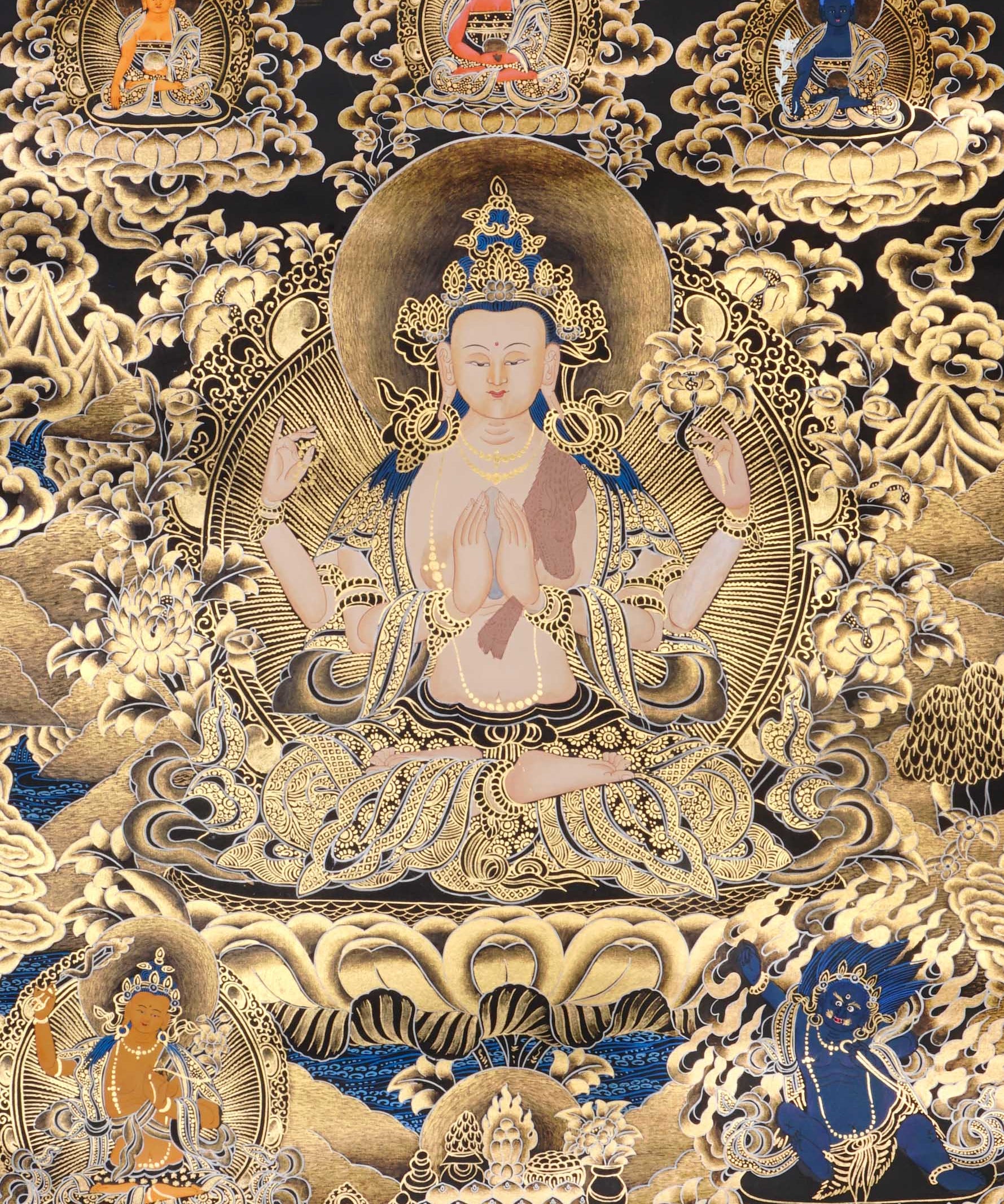 black gold avalokiteshvara thangka with lotus throne