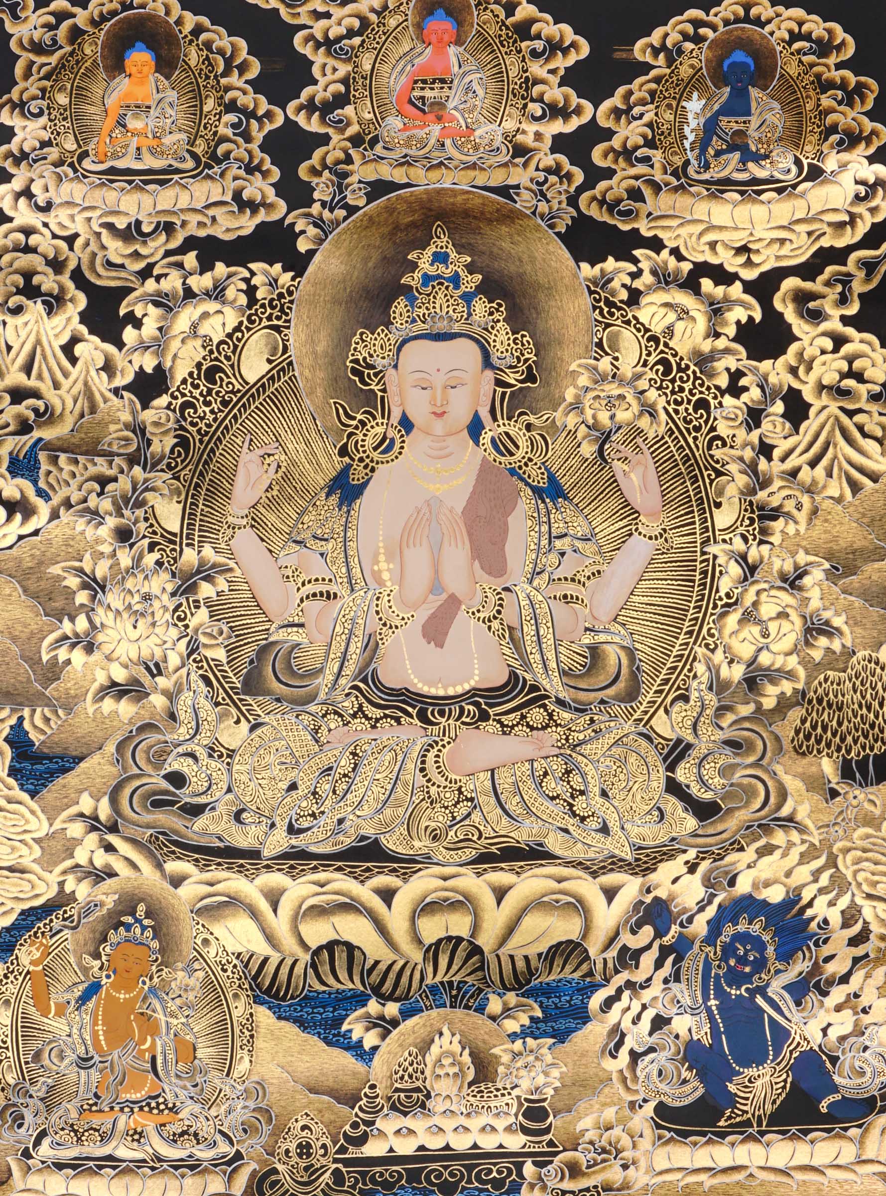 black gold avalokiteshvara thangka with lotus throne