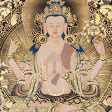 black gold avalokiteshvara thangka with lotus throne