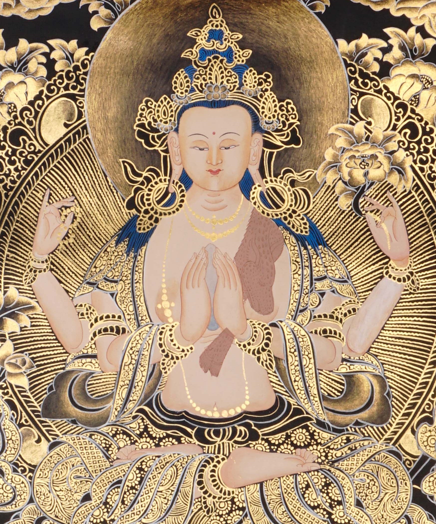 black gold avalokiteshvara thangka with lotus throne