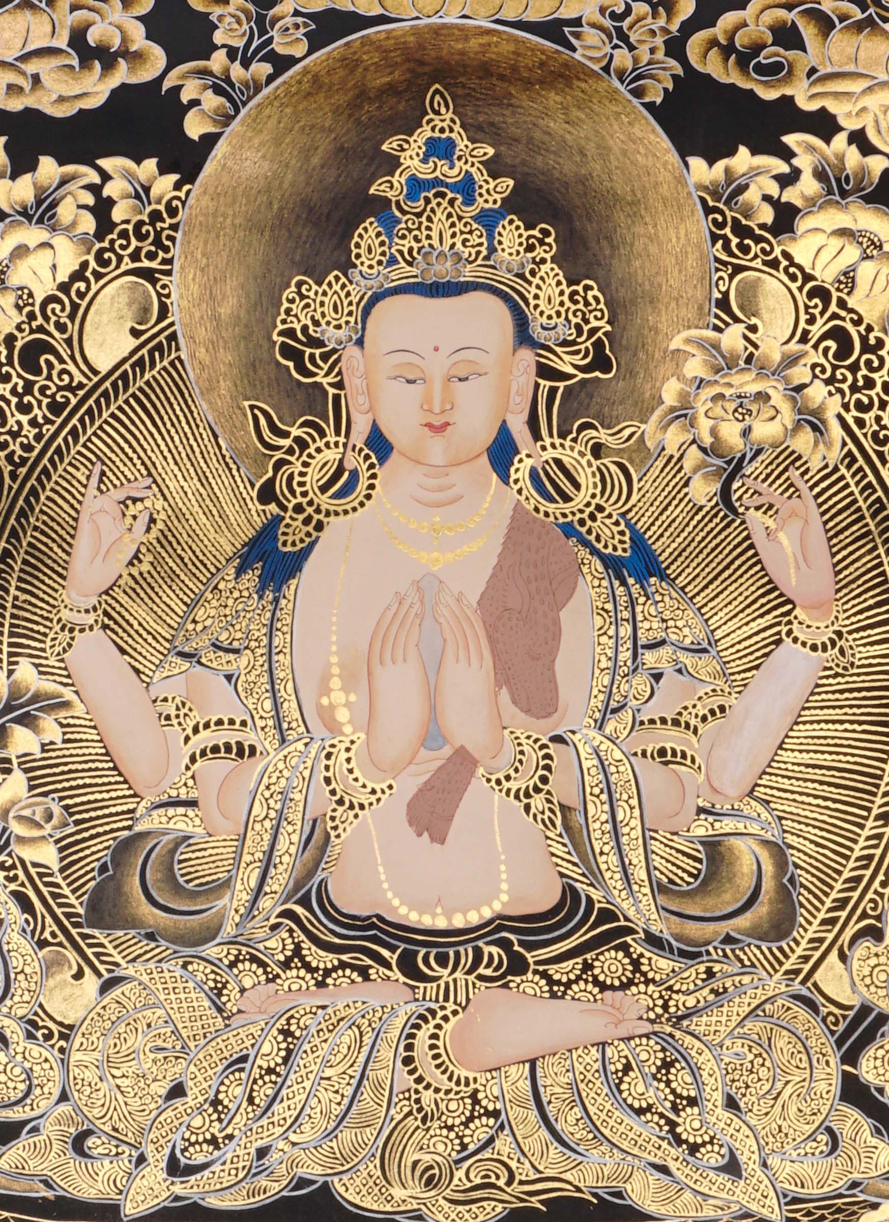 black gold avalokiteshvara thangka with lotus throne