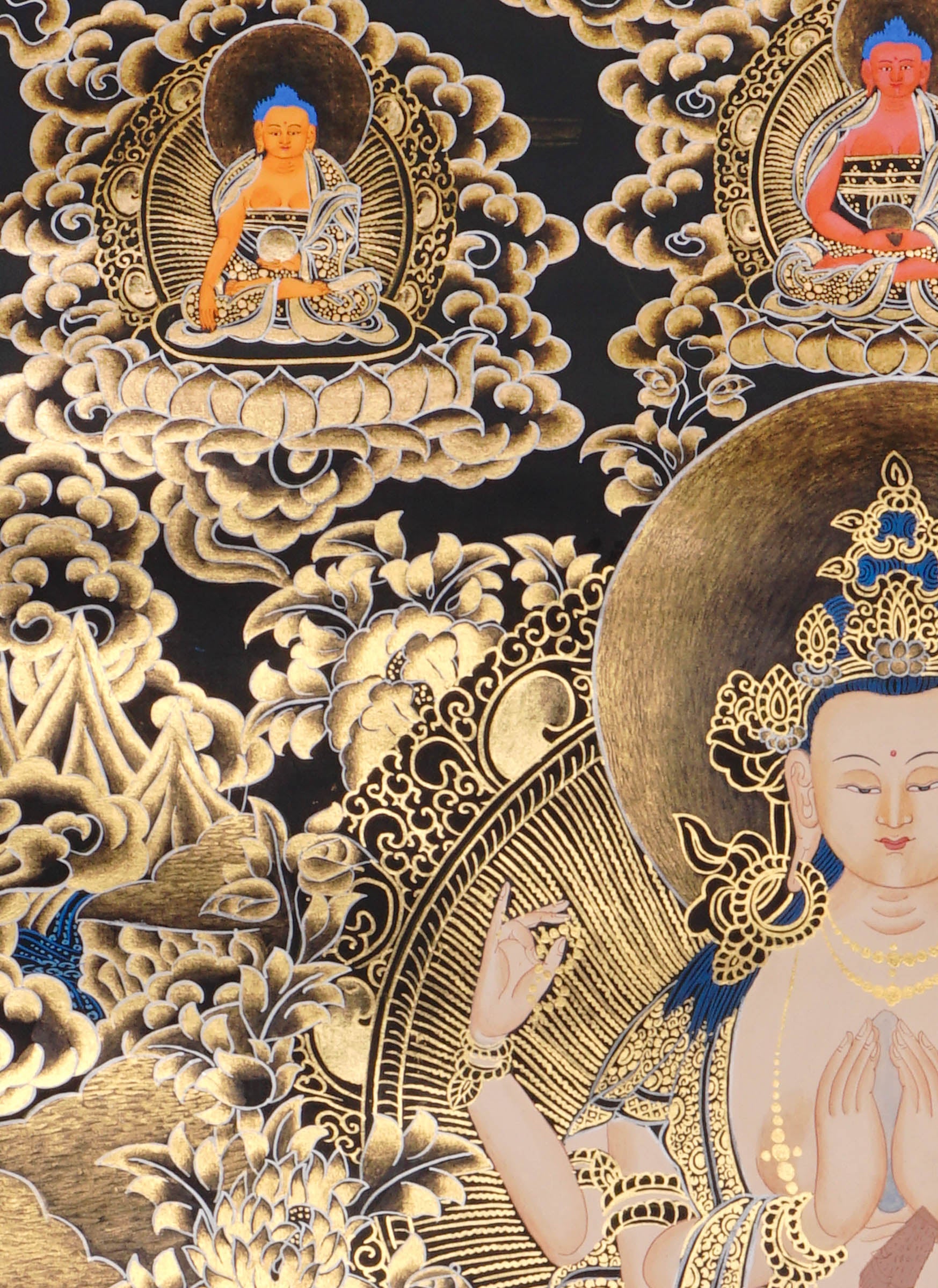 black gold avalokiteshvara thangka with lotus throne