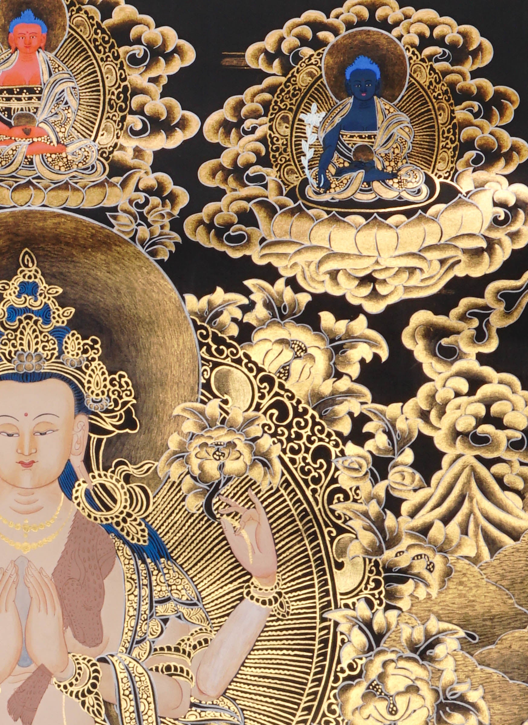black gold avalokiteshvara thangka with lotus throne