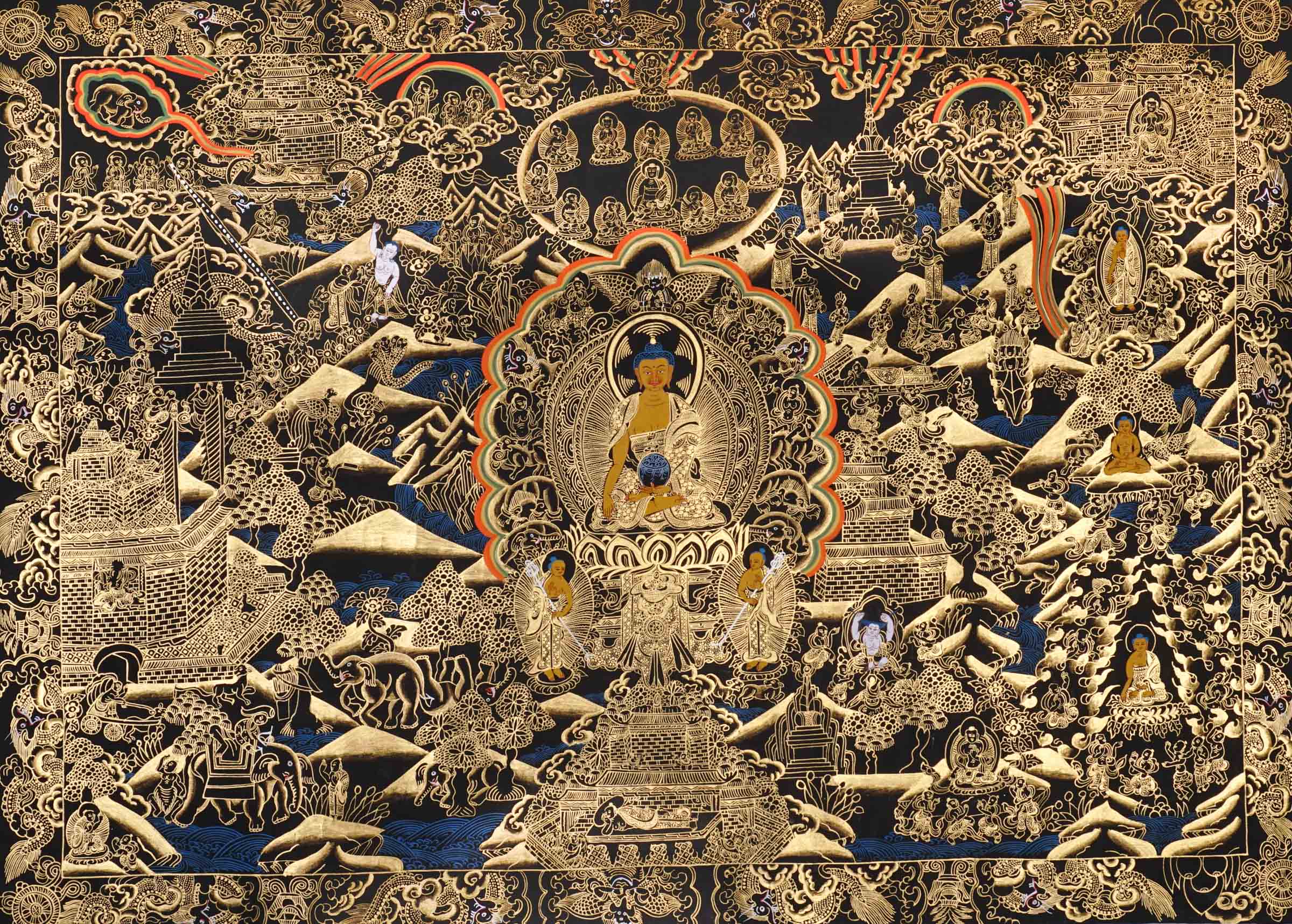 buddha life story black gold thangka art