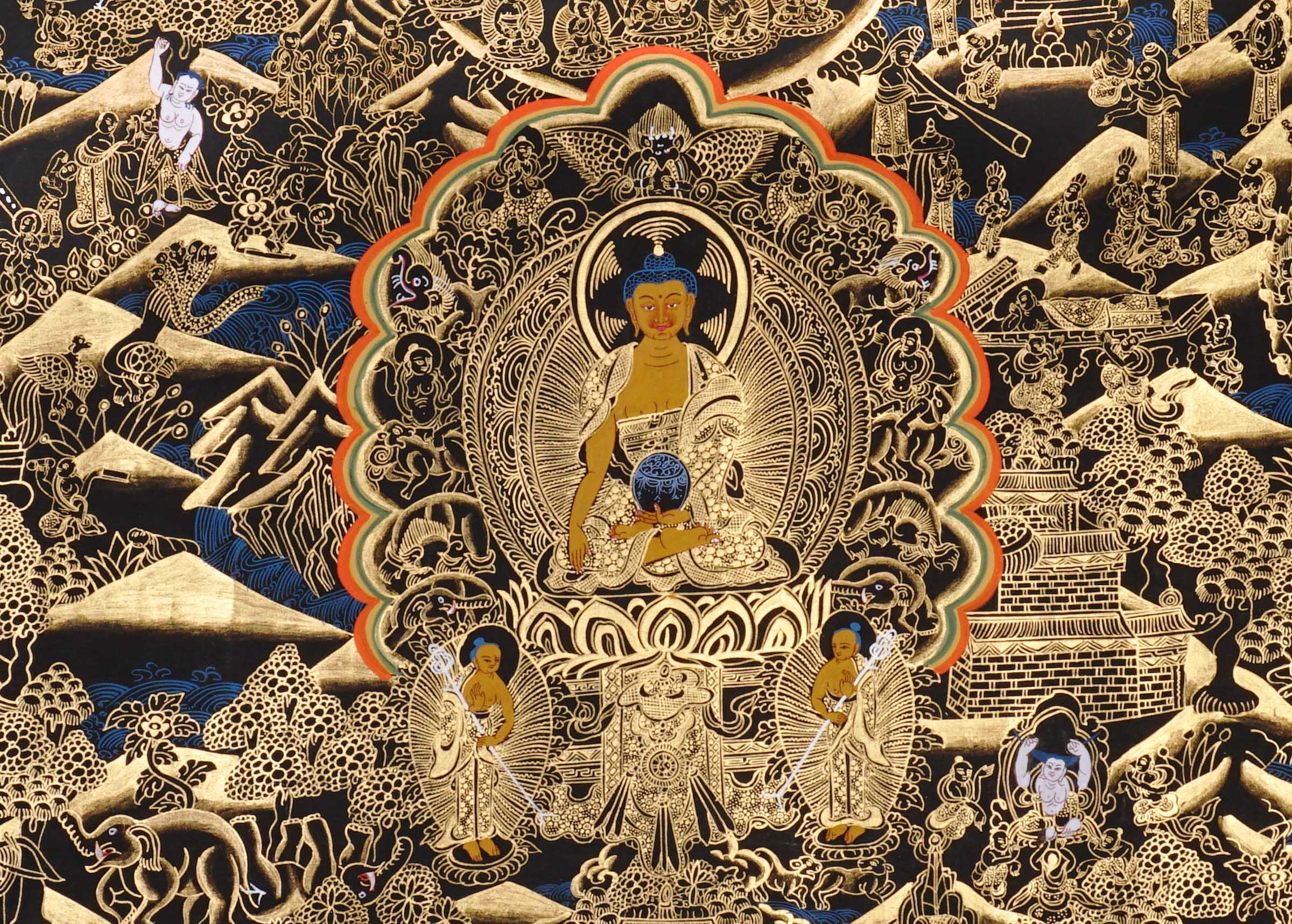 buddha life story black gold thangka art