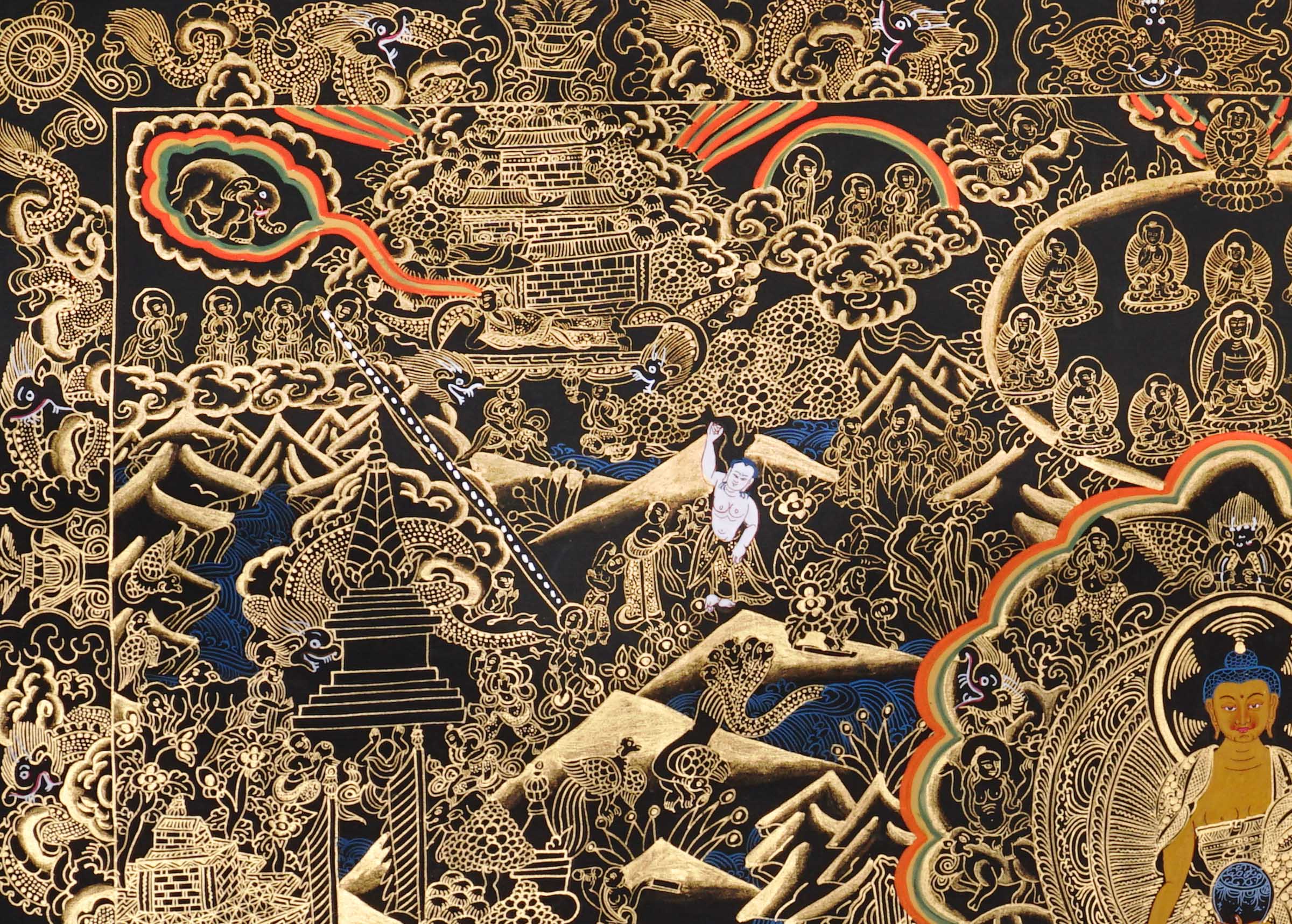 buddha life story black gold thangka art