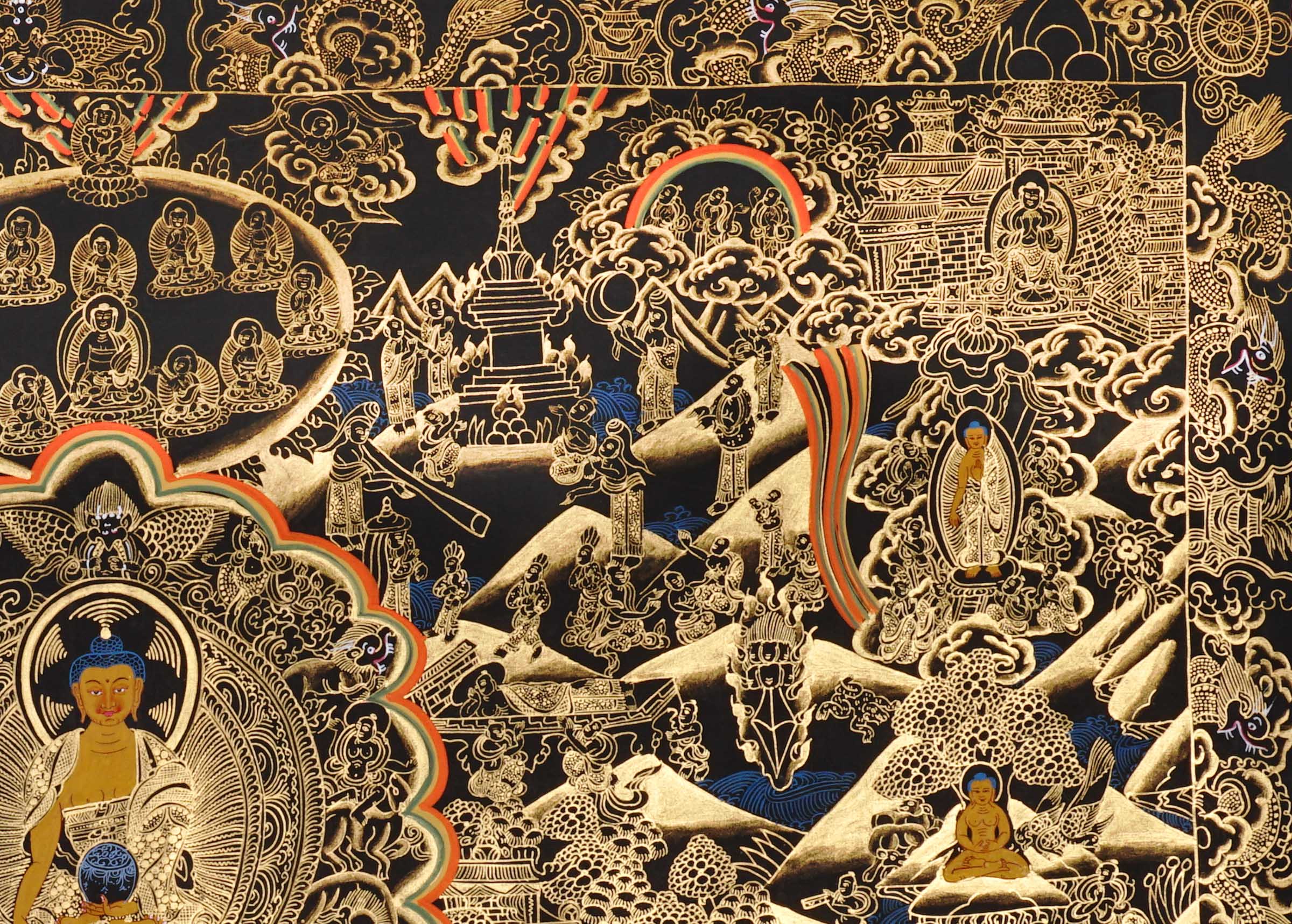 buddha life story black gold thangka art