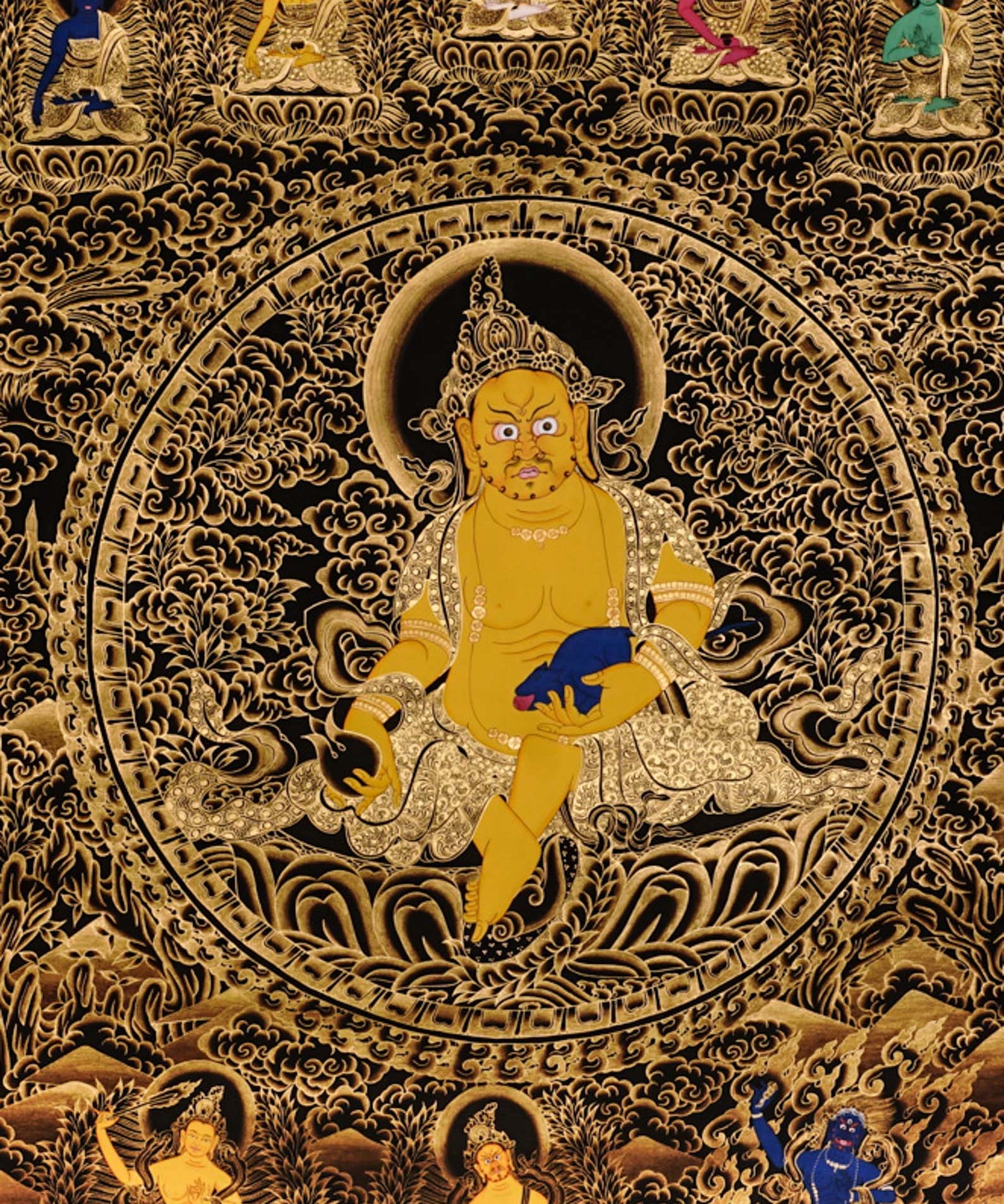 Yellow Zambhala Thangka painting with golden detailing, surrounding Buddhas, and traditional Tibetan Buddhist prosperity symbolism.