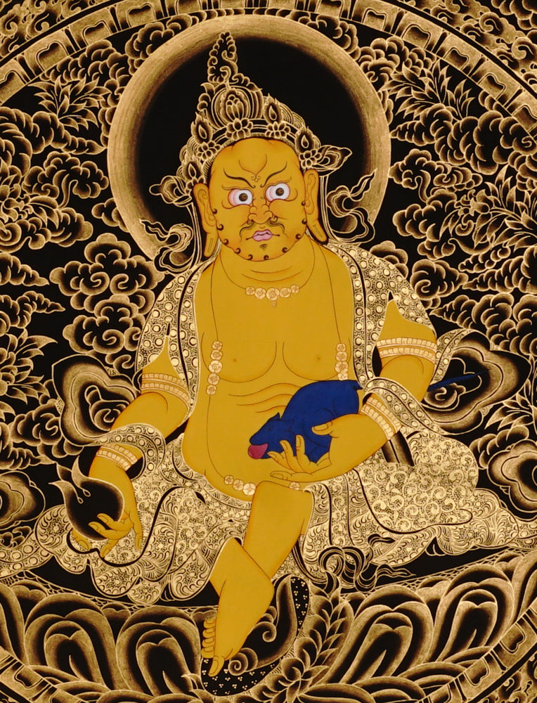 Yellow Zambhala Thangka painting with golden detailing, surrounding Buddhas, and traditional Tibetan Buddhist prosperity symbolism.