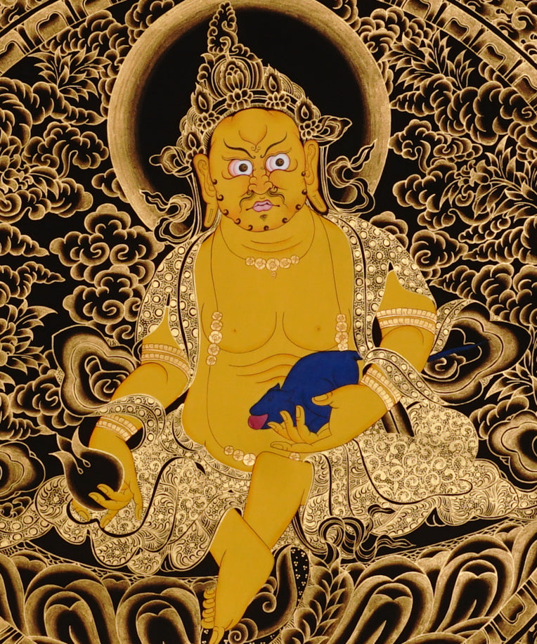 Yellow Zambhala Thangka painting with golden detailing, surrounding Buddhas, and traditional Tibetan Buddhist prosperity symbolism.