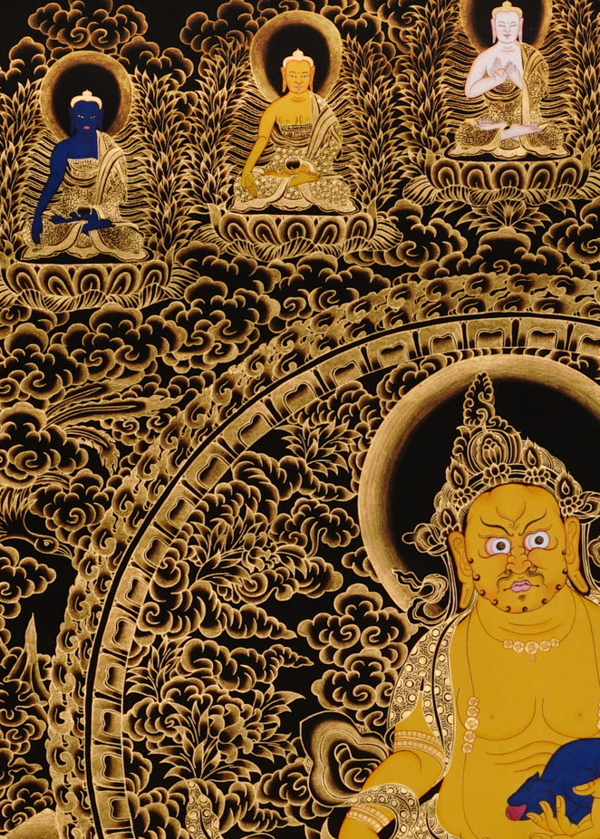 Yellow Zambhala Thangka painting with golden detailing, surrounding Buddhas, and traditional Tibetan Buddhist prosperity symbolism.