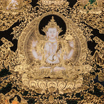 Chenrezig Thangka painting with gold detailing, Avalokiteshvara seated on lotus throne, and traditional Tibetan Buddhist compassion symbolism.