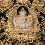 Chenrezig Thangka painting with gold detailing, Avalokiteshvara seated on lotus throne, and traditional Tibetan Buddhist compassion symbolism.
