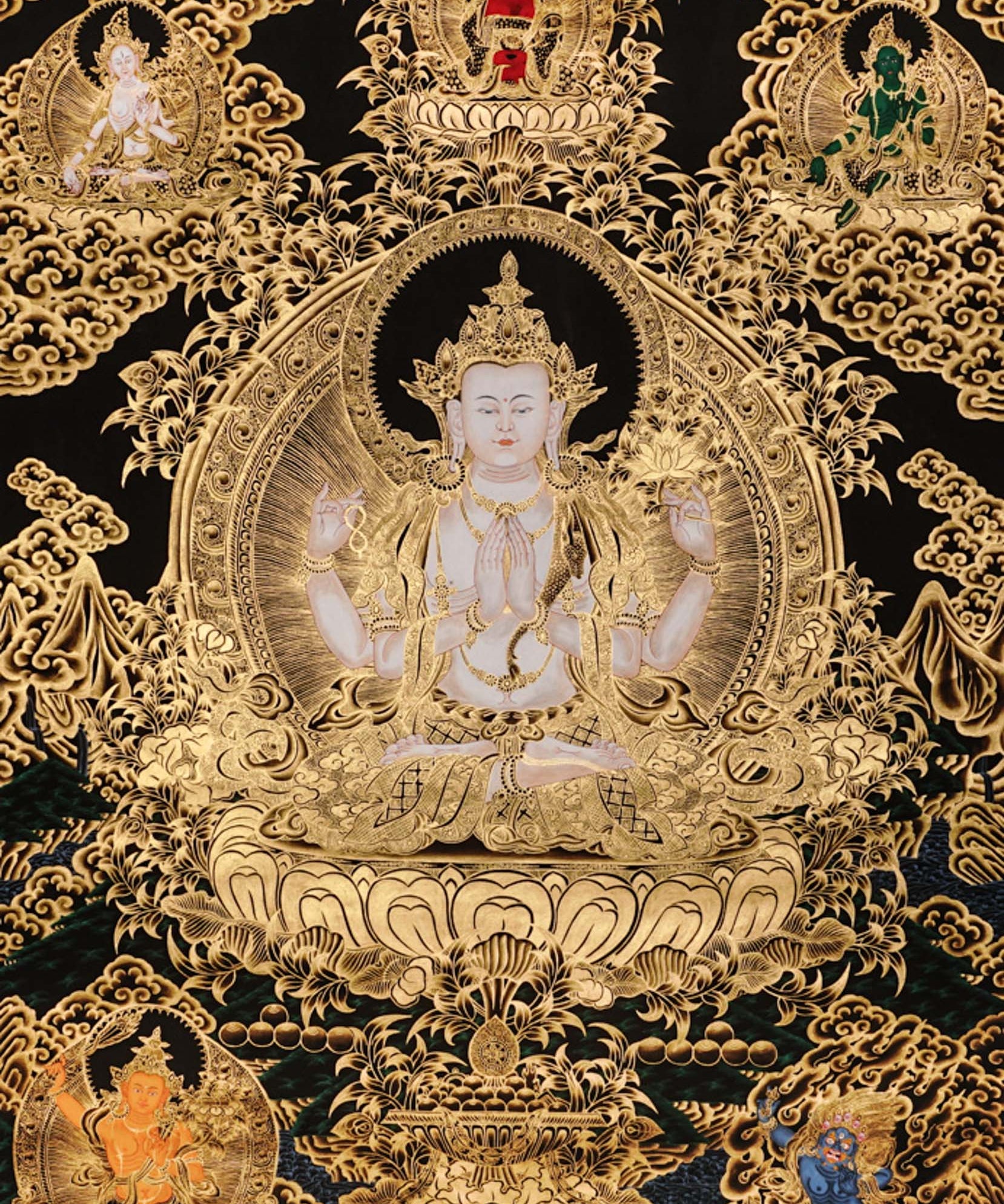 Chenrezig Thangka painting with gold detailing, Avalokiteshvara seated on lotus throne, and traditional Tibetan Buddhist compassion symbolism.