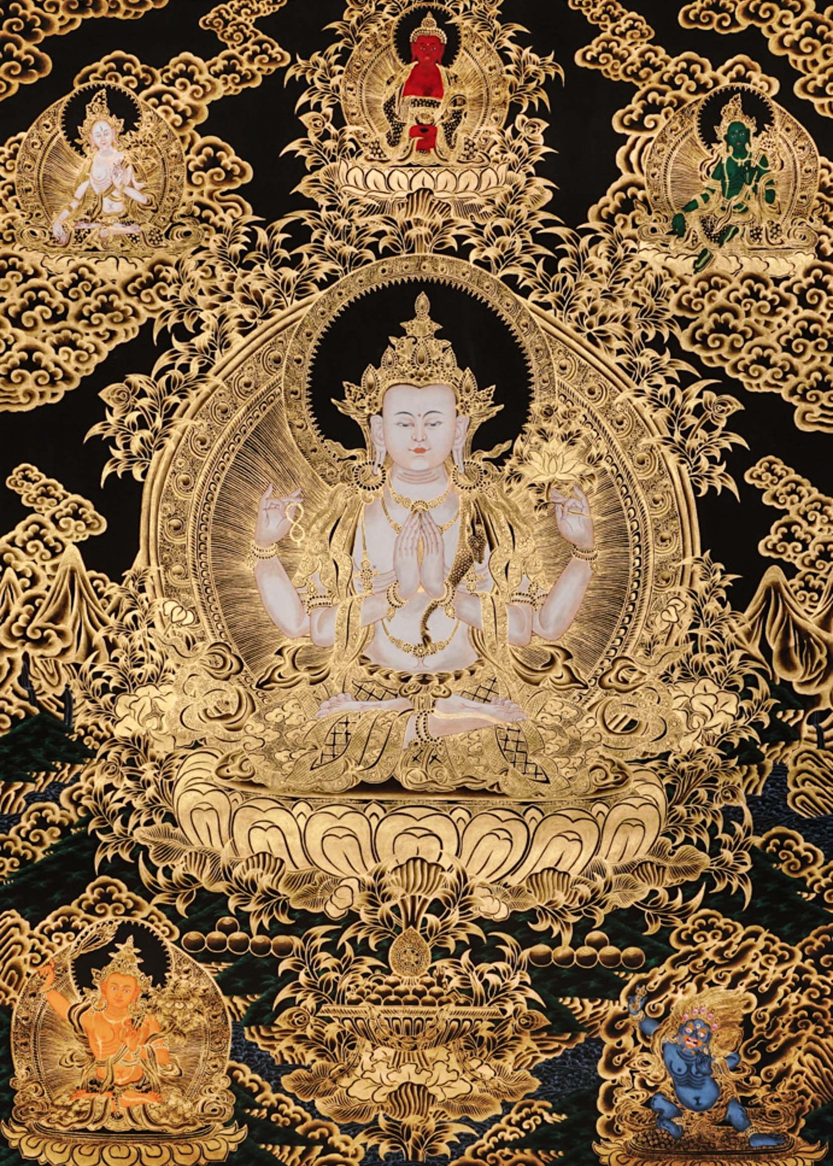 Chenrezig Thangka painting with gold detailing, Avalokiteshvara seated on lotus throne, and traditional Tibetan Buddhist compassion symbolism.