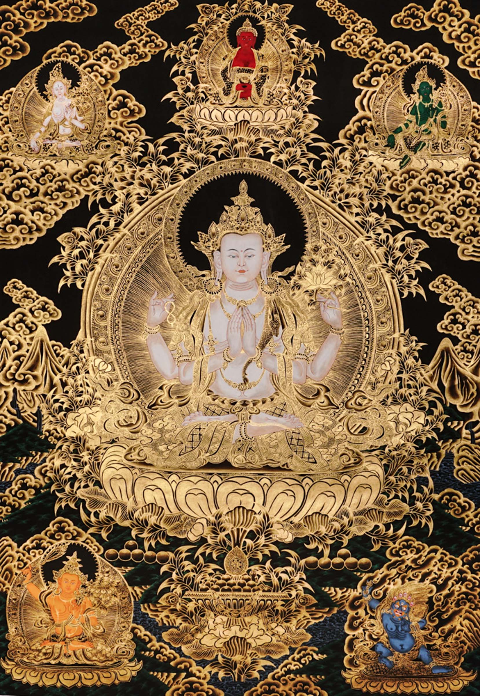 Chenrezig Thangka painting with gold detailing, Avalokiteshvara seated on lotus throne, and traditional Tibetan Buddhist compassion symbolism.