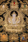Chenrezig Thangka painting with gold detailing, Avalokiteshvara seated on lotus throne, and traditional Tibetan Buddhist compassion symbolism.