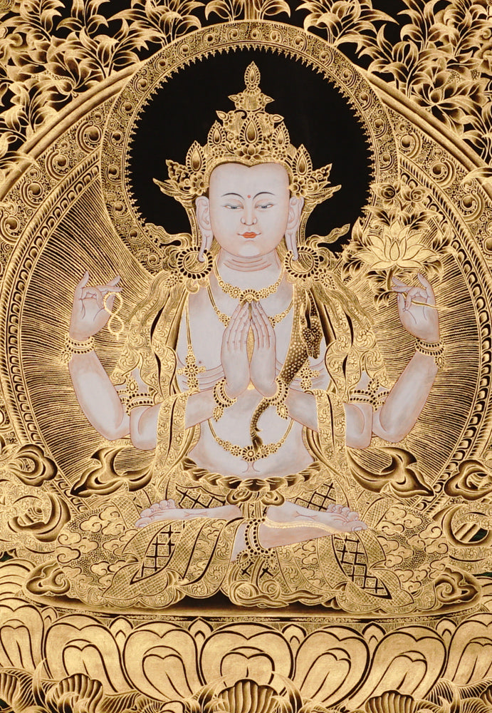 Chenrezig Thangka painting with gold detailing, Avalokiteshvara seated on lotus throne, and traditional Tibetan Buddhist compassion symbolism.