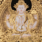 Chenrezig Thangka painting with gold detailing, Avalokiteshvara seated on lotus throne, and traditional Tibetan Buddhist compassion symbolism.