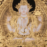 Chenrezig Thangka painting with gold detailing, Avalokiteshvara seated on lotus throne, and traditional Tibetan Buddhist compassion symbolism.