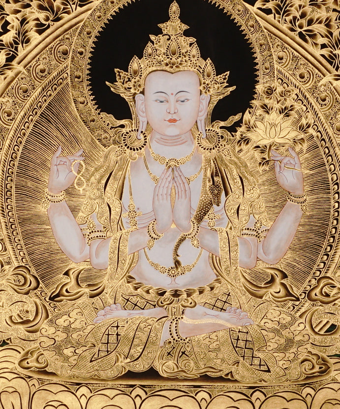 Chenrezig Thangka painting with gold detailing, Avalokiteshvara seated on lotus throne, and traditional Tibetan Buddhist compassion symbolism.