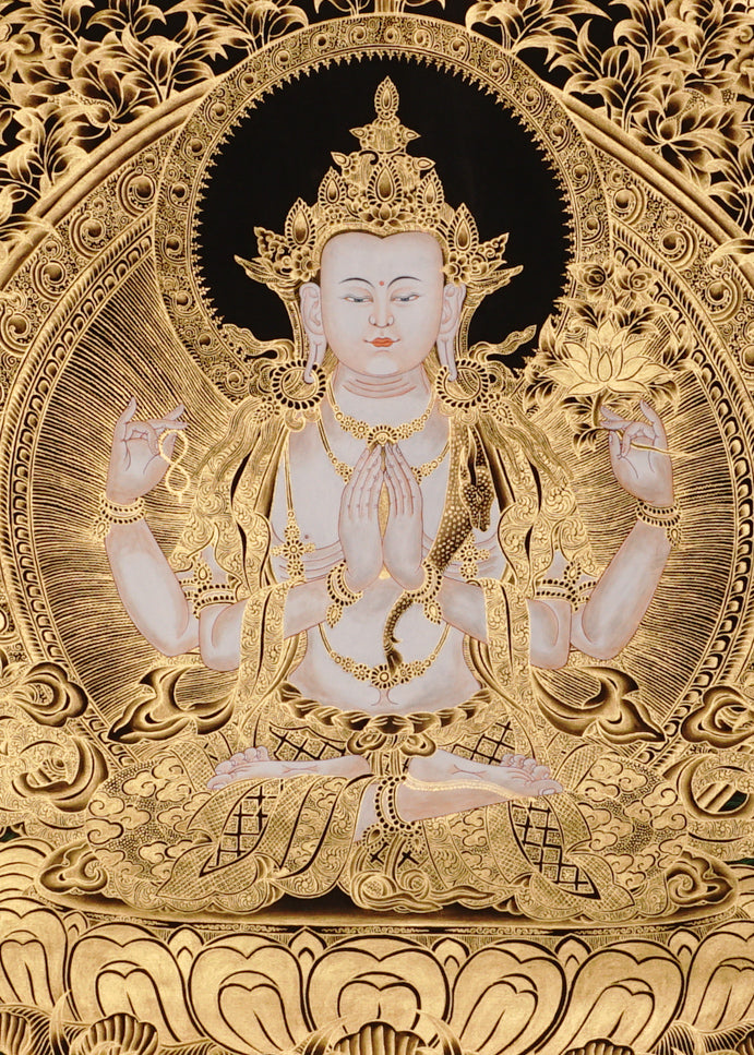 Chenrezig Thangka painting with gold detailing, Avalokiteshvara seated on lotus throne, and traditional Tibetan Buddhist compassion symbolism.