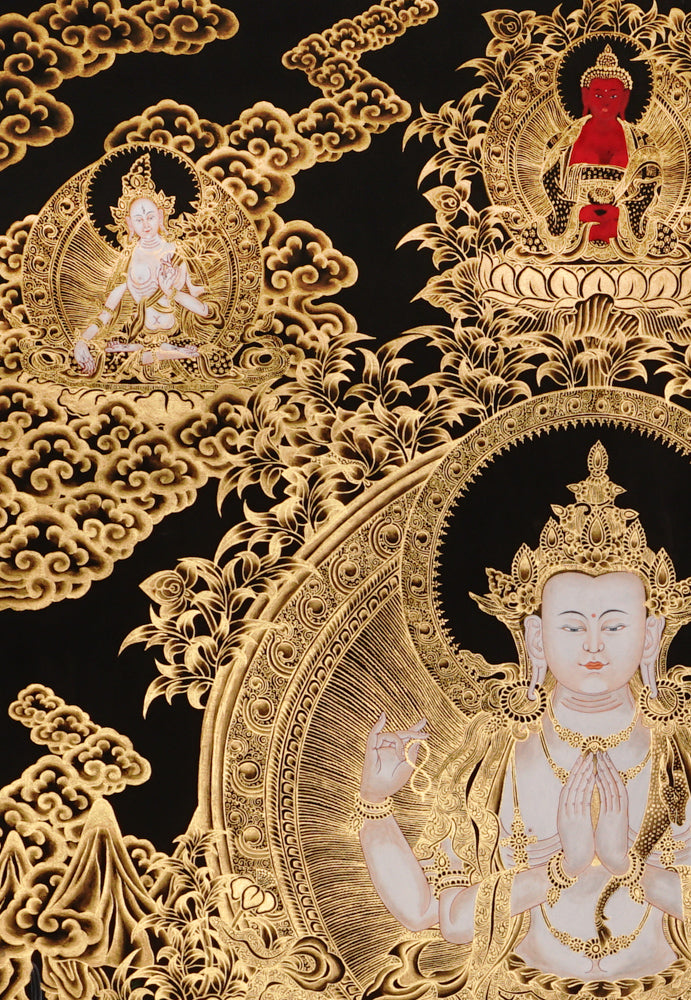 Chenrezig Thangka painting with gold detailing, Avalokiteshvara seated on lotus throne, and traditional Tibetan Buddhist compassion symbolism.