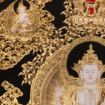 Chenrezig Thangka painting with gold detailing, Avalokiteshvara seated on lotus throne, and traditional Tibetan Buddhist compassion symbolism.