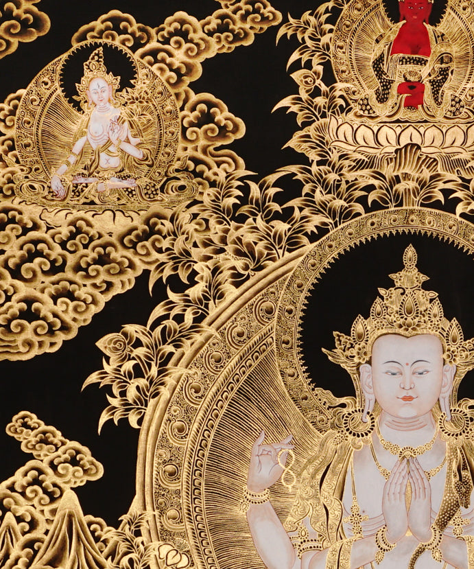 Chenrezig Thangka painting with gold detailing, Avalokiteshvara seated on lotus throne, and traditional Tibetan Buddhist compassion symbolism.