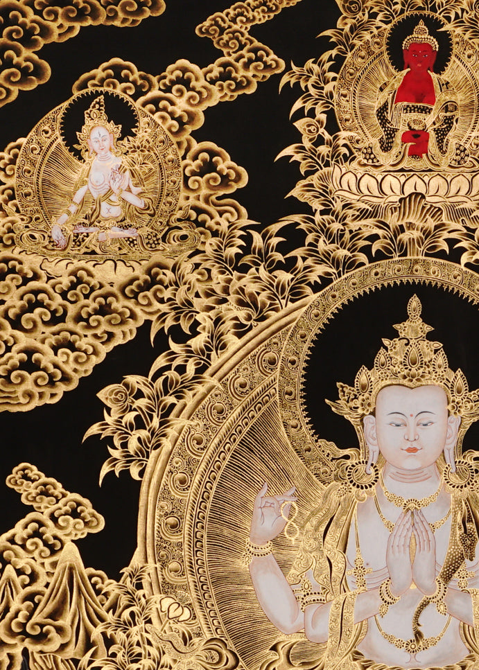 Chenrezig Thangka painting with gold detailing, Avalokiteshvara seated on lotus throne, and traditional Tibetan Buddhist compassion symbolism.