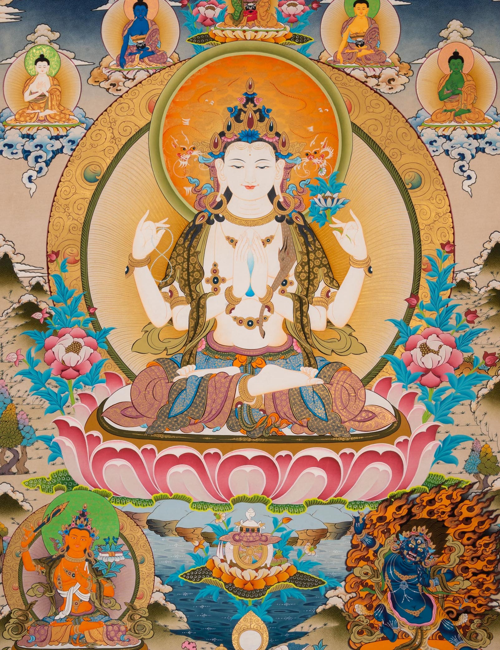 Chenrezig Thangka Painting - Sacred Handpainted Art