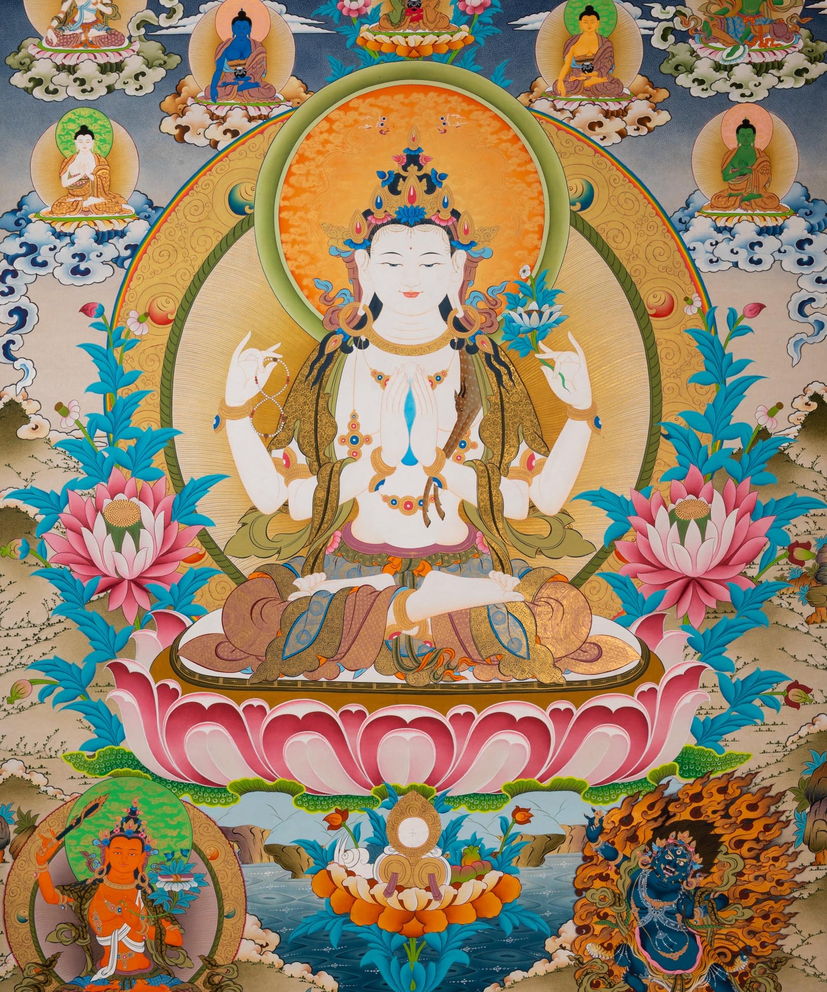 Chenrezig (Avalokiteshvara) Thangka -  Hand-Painted Tibetan Art
