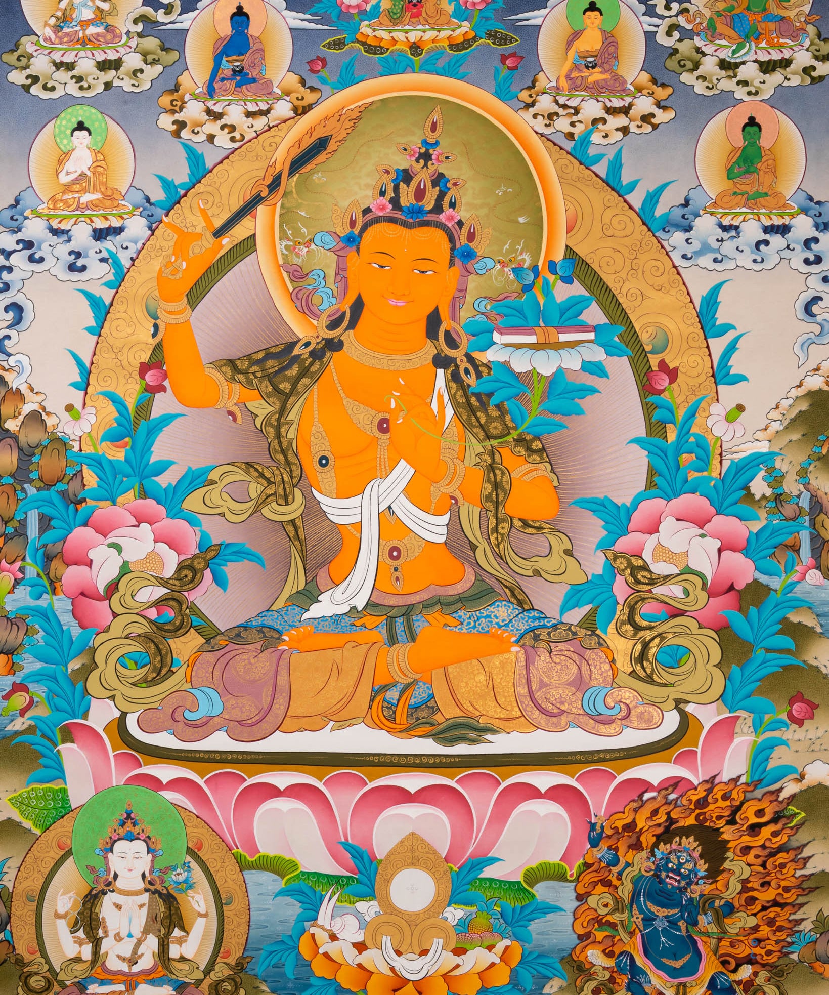 Hand-Painted Manjushri Thangka - Sacred Tibetan Art