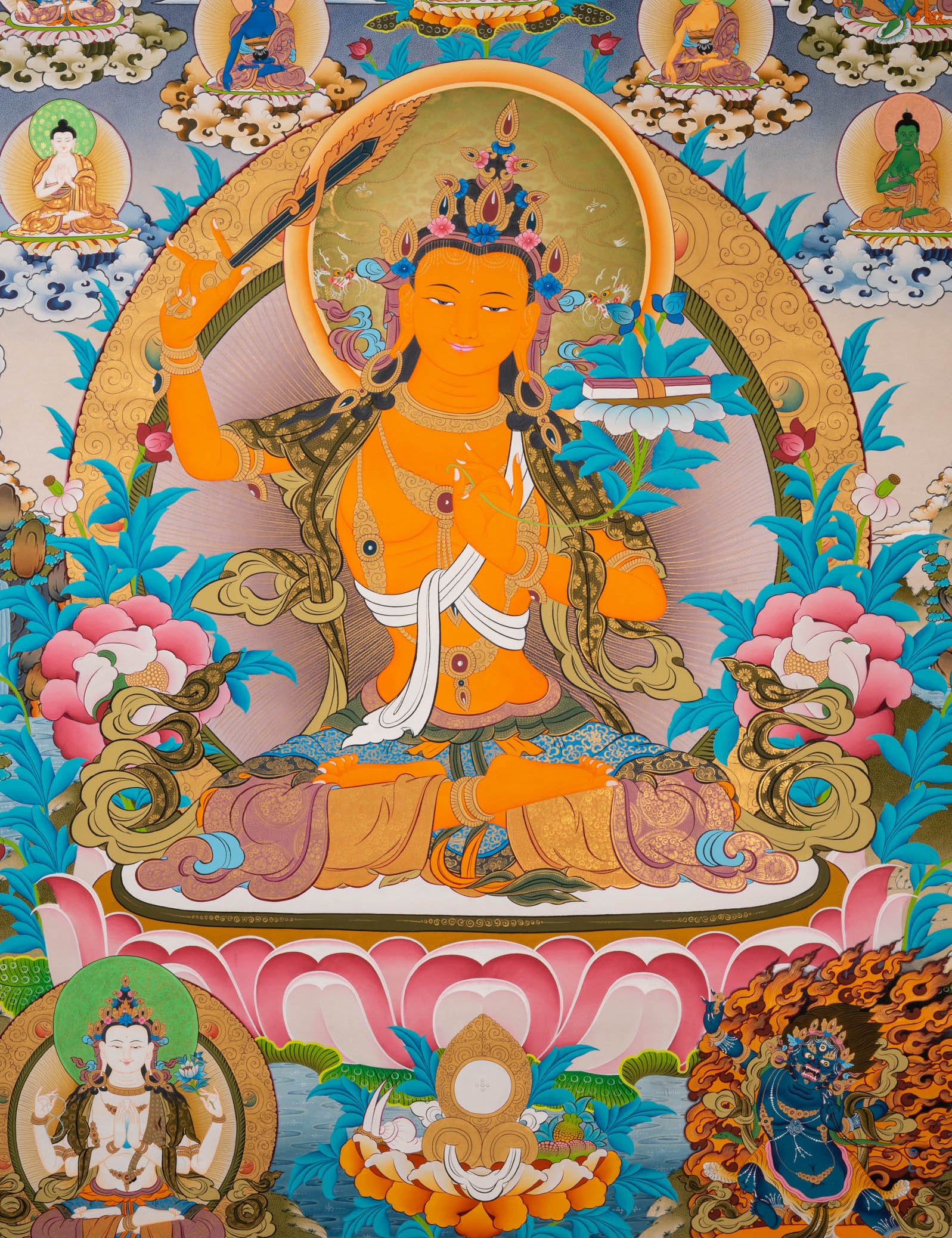 Hand-Painted Manjushri Thangka - Sacred Tibetan Art