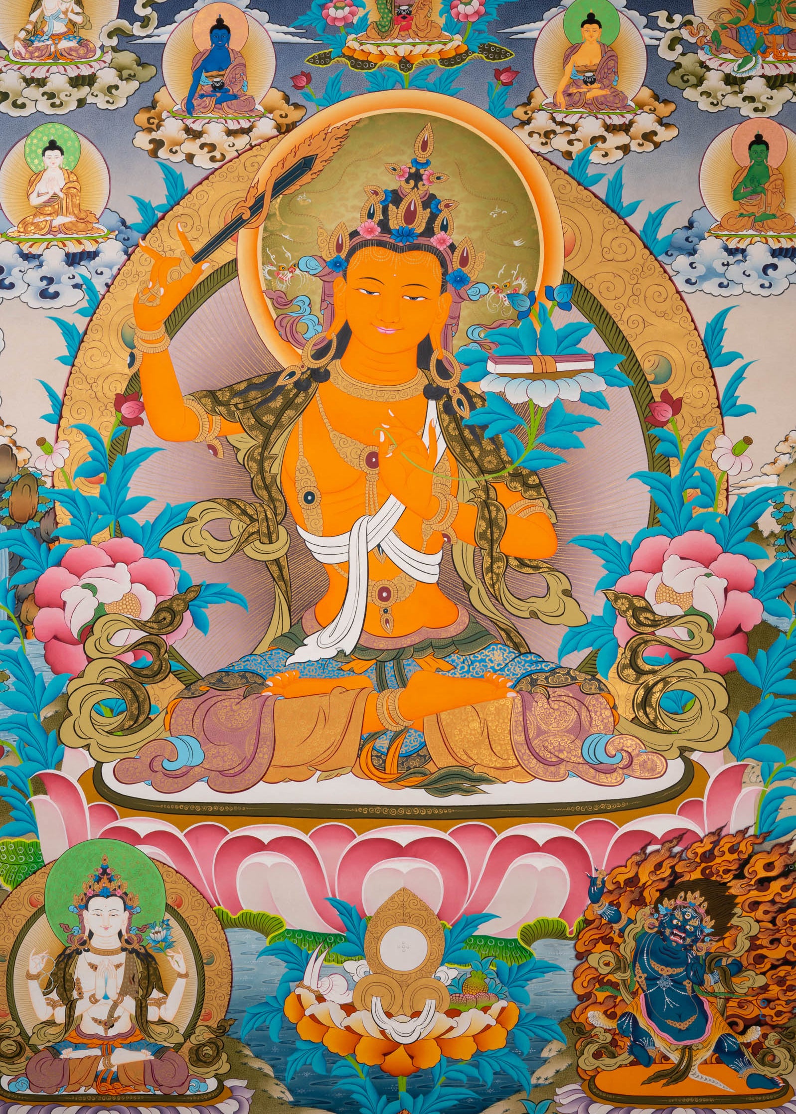 Hand-Painted Manjushri Thangka - Sacred Tibetan Art