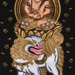 Monju Bosatsu thangka painting seated on sacred lion with wisdom sword in black and gold style