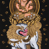 Monju Bosatsu thangka painting seated on sacred lion with wisdom sword in black and gold style