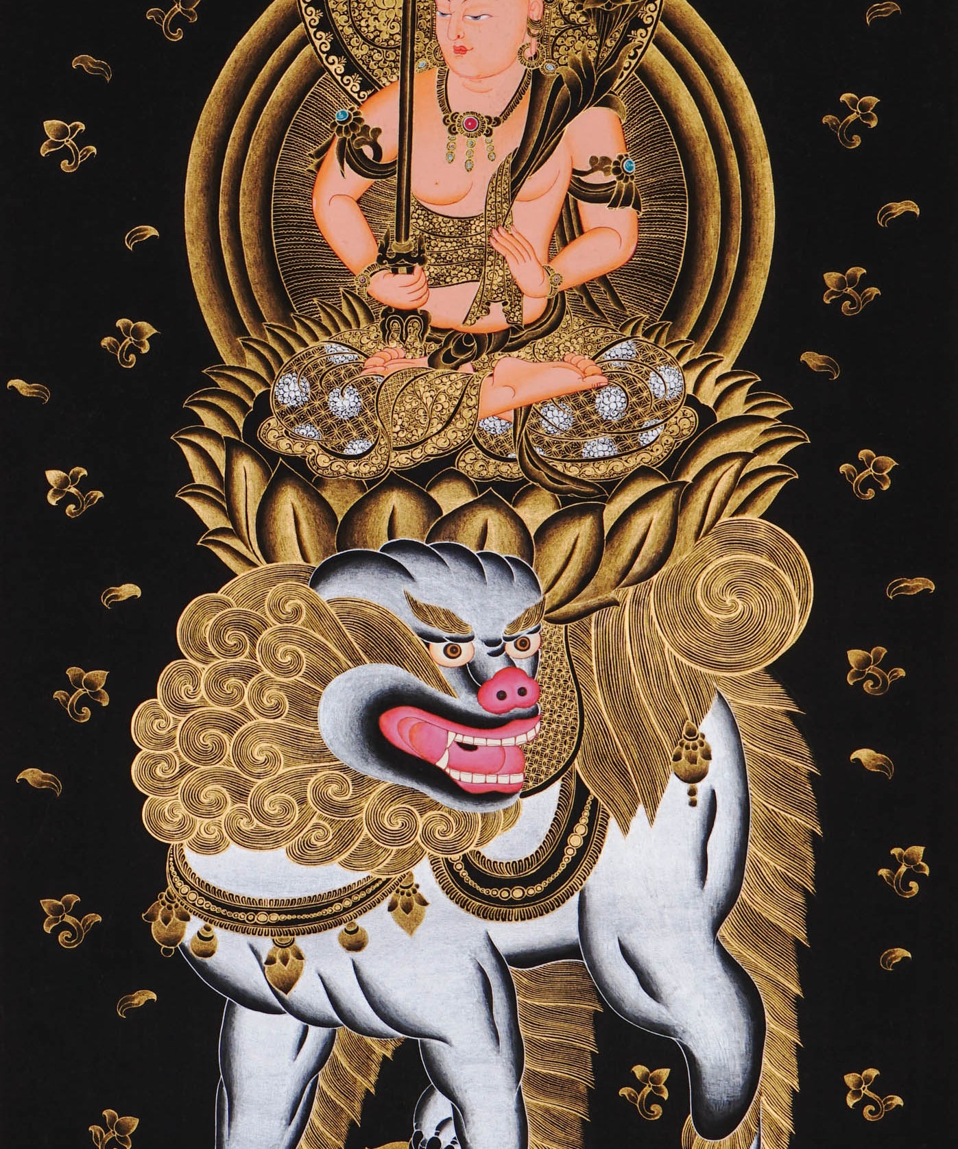 Monju Bosatsu thangka painting seated on sacred lion with wisdom sword in black and gold style