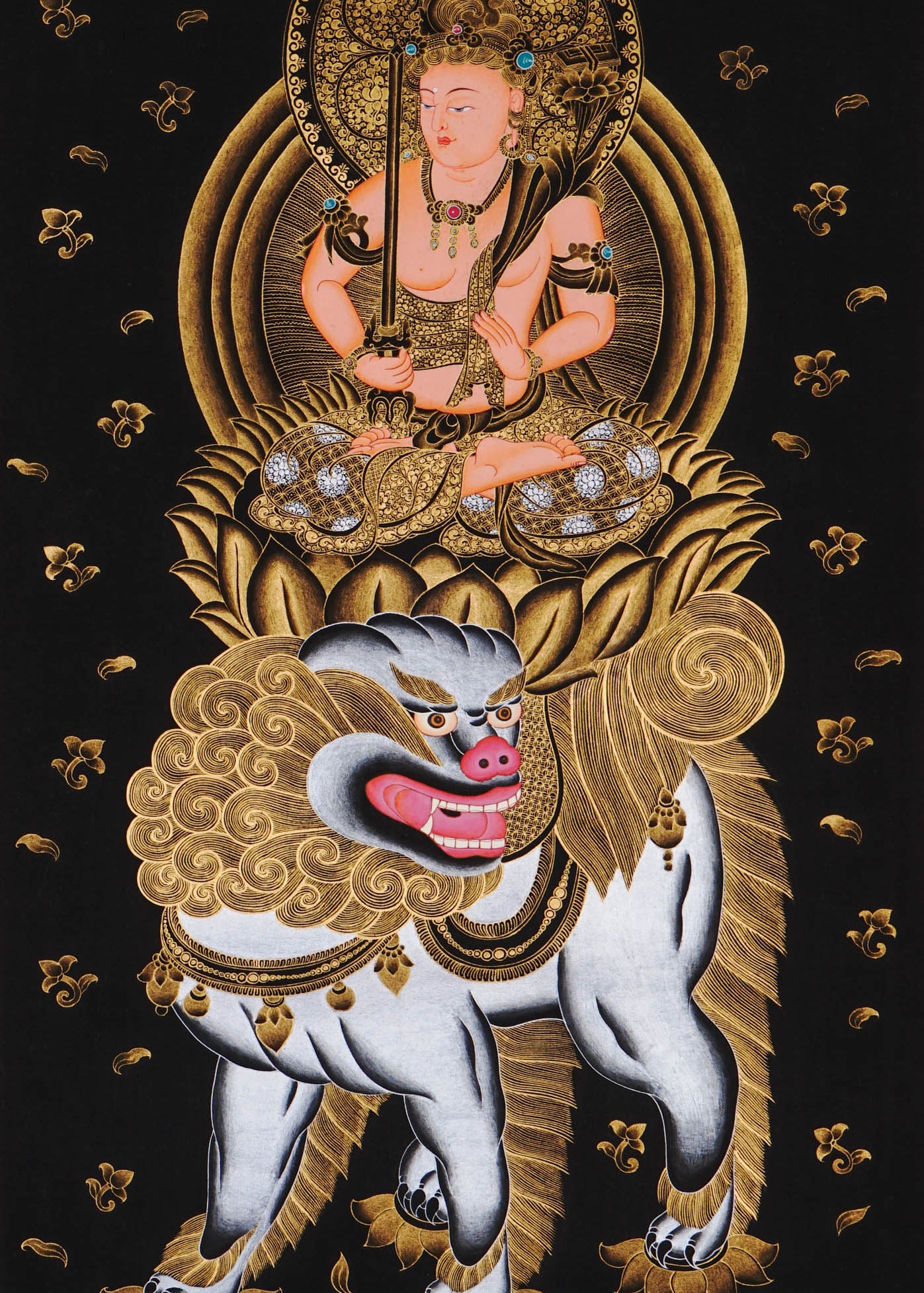 Monju Bosatsu thangka painting seated on sacred lion with wisdom sword in black and gold style