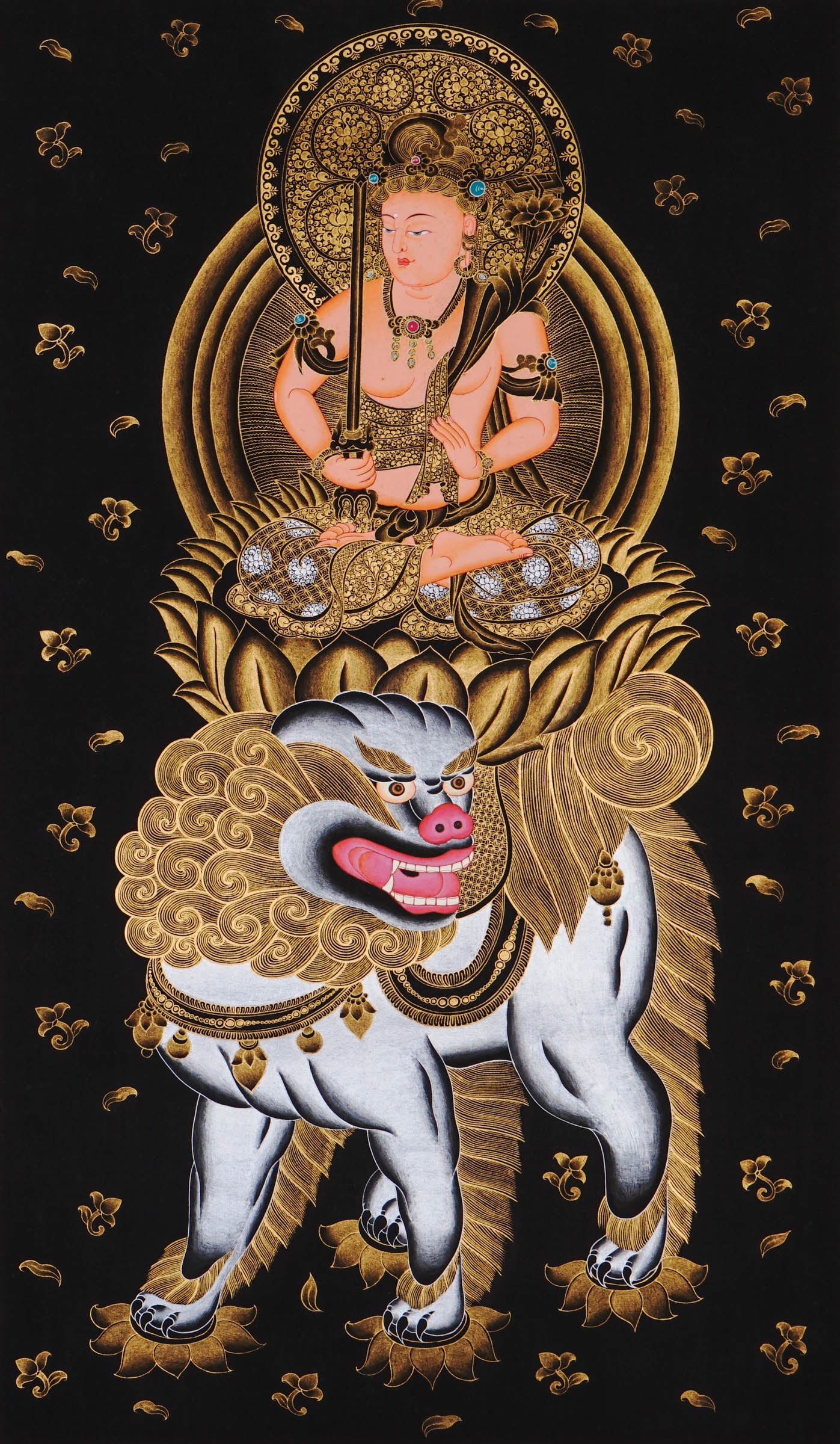 Monju Bosatsu thangka painting seated on sacred lion with wisdom sword in black and gold style