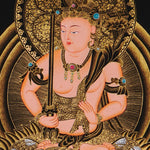 Monju Bosatsu thangka painting seated on sacred lion with wisdom sword in black and gold style
