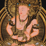 Monju Bosatsu thangka painting seated on sacred lion with wisdom sword in black and gold style
