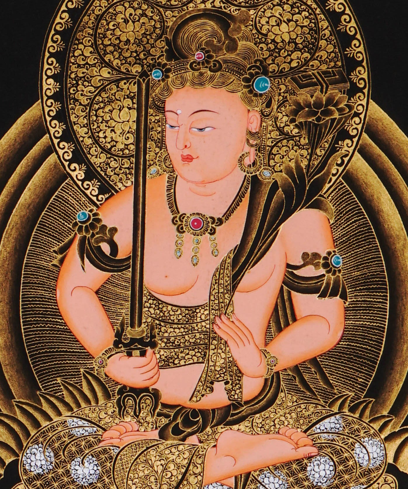 Monju Bosatsu thangka painting seated on sacred lion with wisdom sword in black and gold style